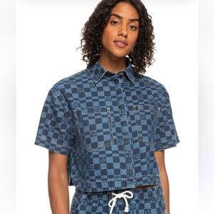 Roxy Blue Wave Checkered Jean Print Top